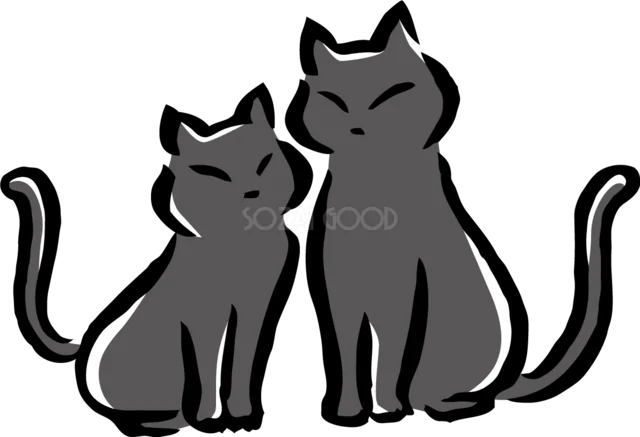 仲良く並んでおすわりする黒猫2匹のイラスト（背景透過PNG）