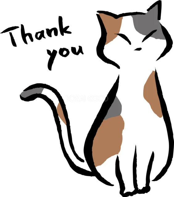 Thank youの文字とお座りする三毛猫（背景透過PNG）