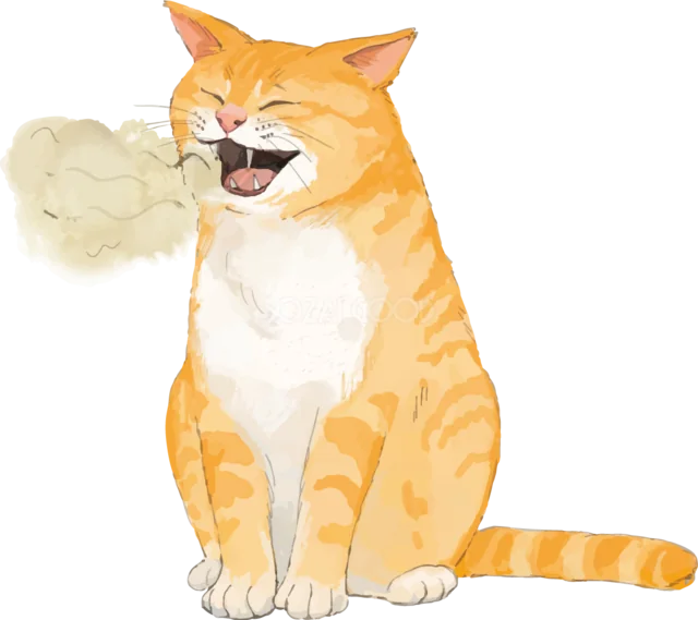 毛玉を吐き出して咳き込む茶トラ猫（背景透過PNG）