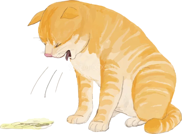 毛玉を吐いてうつむく茶トラ猫イラスト（背景透過PNG）