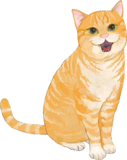 笑顔でお座りするかわいい茶トラ猫（背景透過PNG）