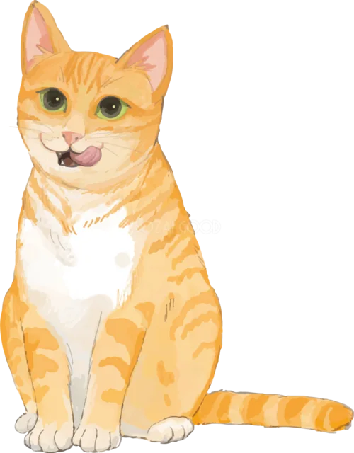 舌を出して正面を向いて座る茶トラ猫（背景透過PNG）