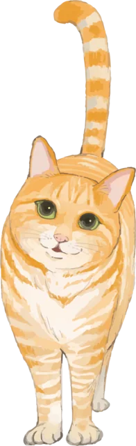 尻尾を立てて正面へ歩く茶トラ猫（背景透過PNG）
