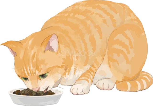 餌を食べる茶トラ猫（背景透過PNG）