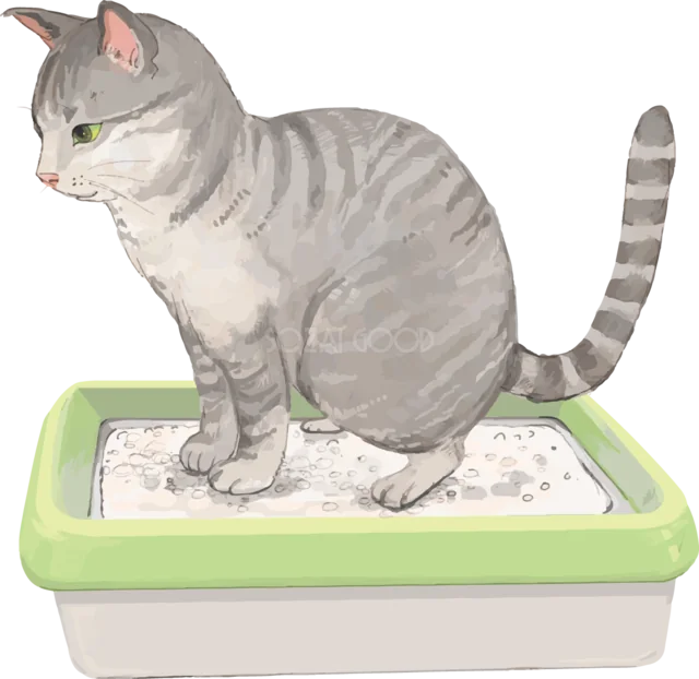 緑の猫用トイレを使うキジトラ猫（背景透過PNG）