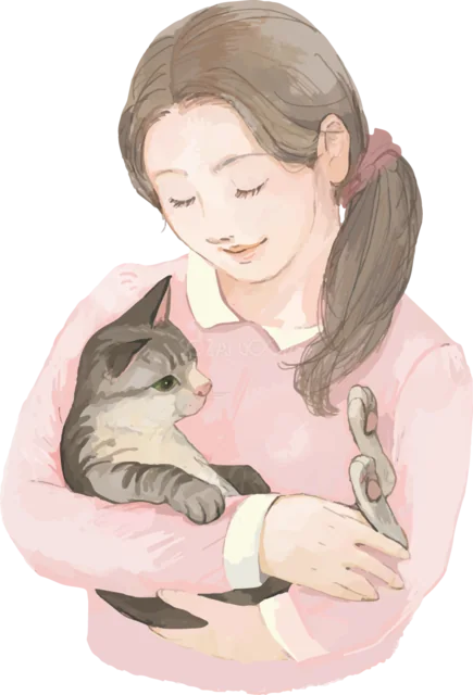 女性に抱かれて眠るグレーのトラ猫（背景透過PNG）