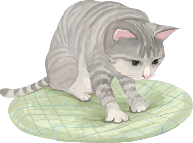 緑のクッションを前足で踏むグレーのトラ猫（背景透過PNG）