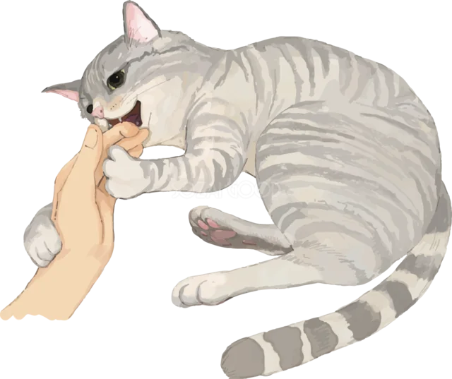 飼い主の手にじゃれつくグレーのトラ猫（背景透過PNG）