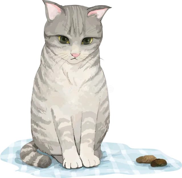 猫用トイレに座るグレーのトラ猫（背景透過PNG）