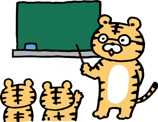 黒板の前で子どもに教える先生のトラ（背景透過PNG）