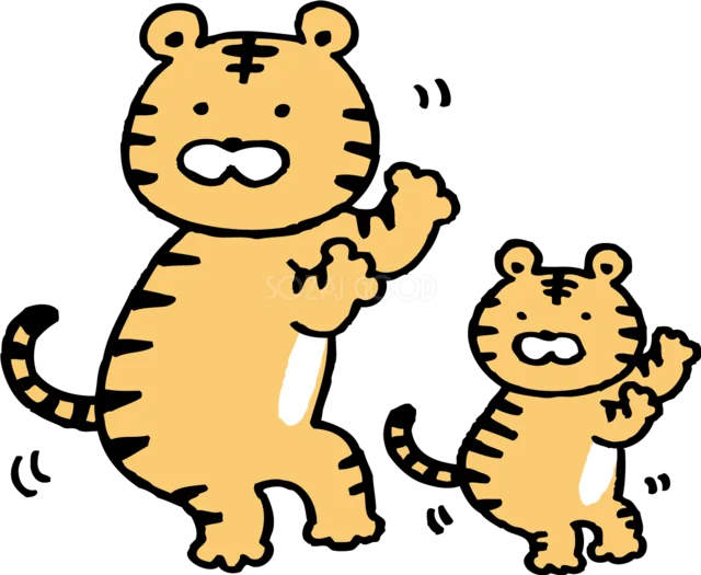 親子で手を振るかわいいトラ（背景透過PNG）