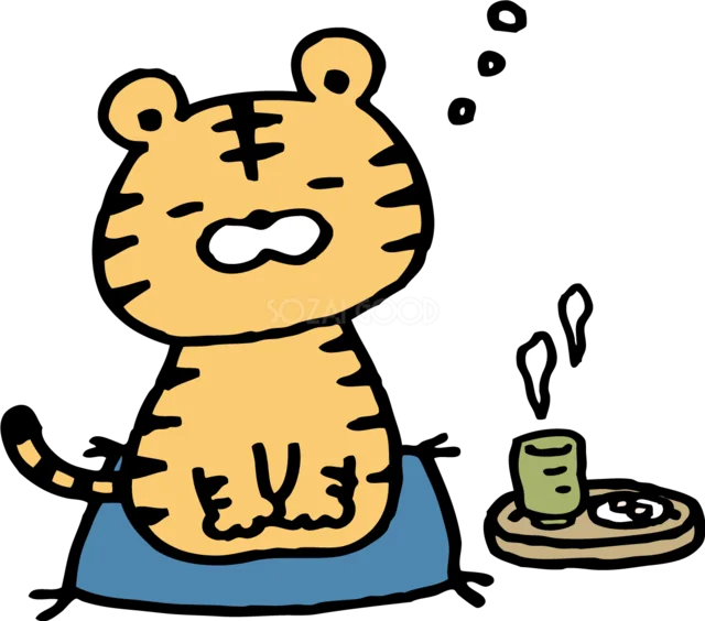 座って温かい飲み物を楽しむトラ（背景透過PNG）