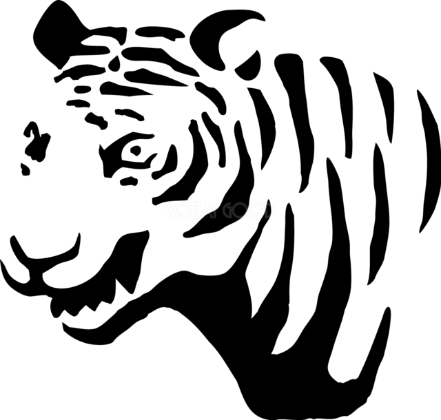 黒いシルエットで描いた横向きのトラの顔（背景透過PNG）