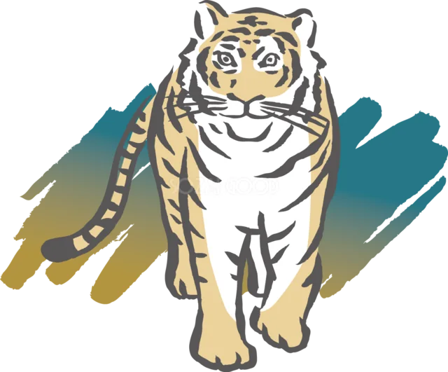 青緑と金色の筆背景の前に立つトラ（背景透過PNG）