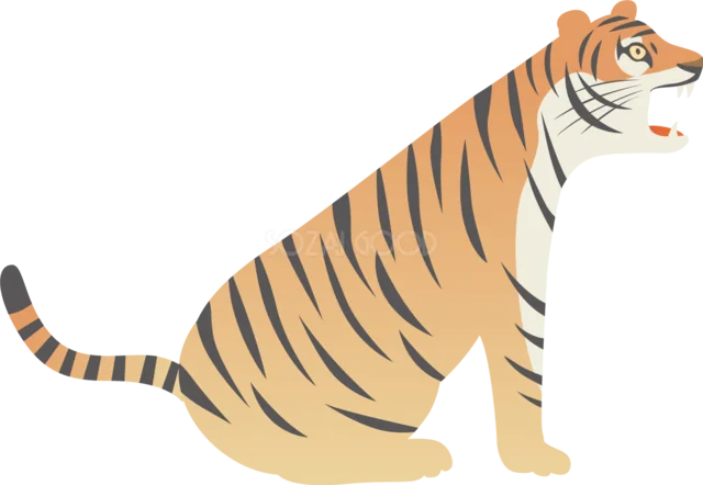 横向きに座って口を開けるトラ（背景透過PNG）