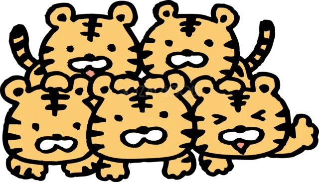 6匹のかわいい虎がぎゅっと集まる集合イラスト（背景透過PNG）