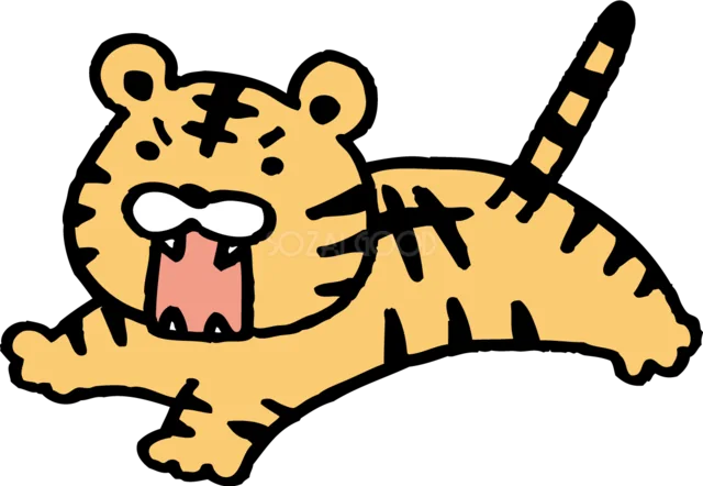 大きな口を開けて勢いよく飛びかかる虎イラスト（背景透過PNG）
