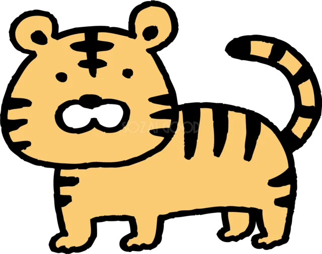 しっぽを上げて横向きに立つかわいい虎イラスト（背景透過PNG）
