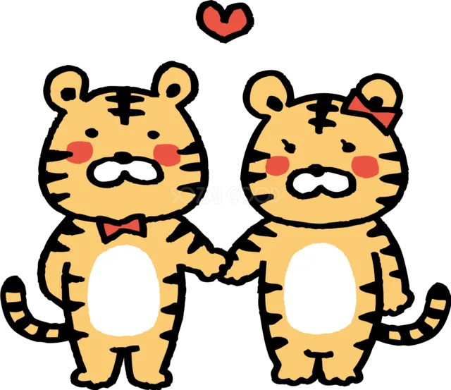 蝶ネクタイと髪飾りで手をつなぐ虎のカップルイラスト（背景透過PNG）