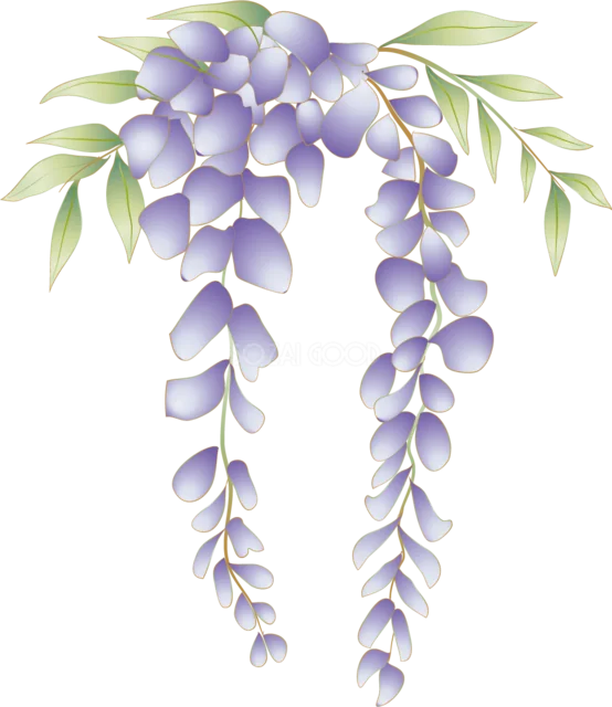 淡い紫の藤の花房を2本垂らした和風イラスト（背景透過PNG）