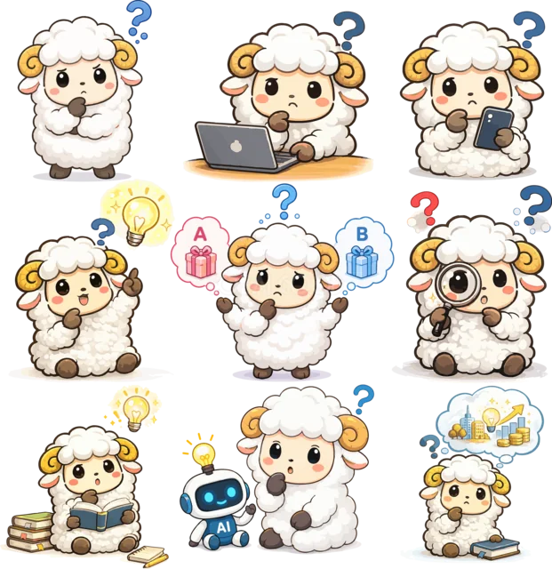 疑問や迷いを表すかわいい羊の表情・場面9種類セット（背景透過PNG）