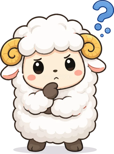 あごに手を当て疑問符を浮かべて考える羊（背景透過PNG）