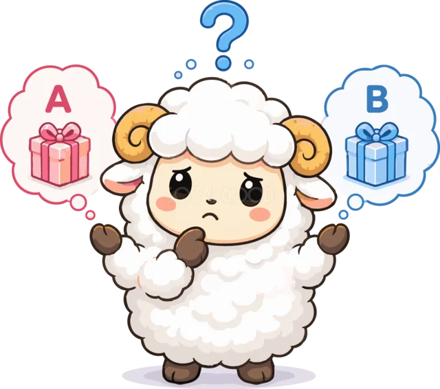 AとBのプレゼントを比べて迷うかわいい羊（背景透過PNG）
