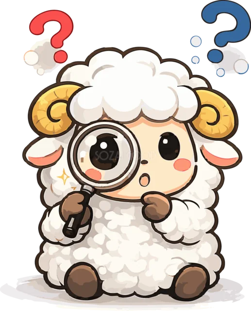 虫眼鏡で詳しく調べる疑問顔の羊（背景透過PNG）