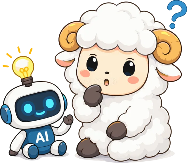 AIロボットに相談して答えを考える羊（背景透過PNG）