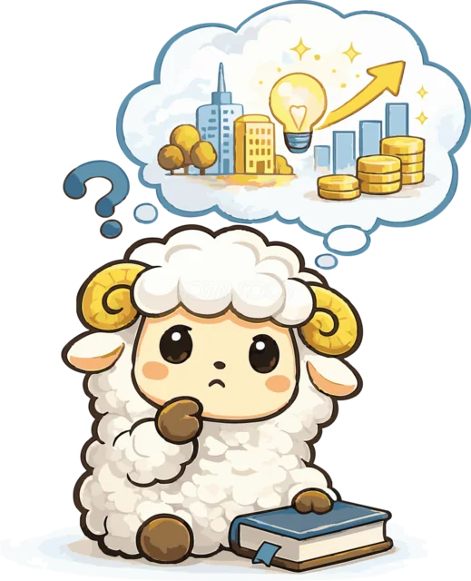 本を前に将来やお金について考える羊（背景透過PNG）