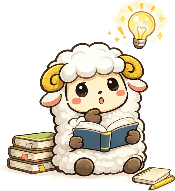 本を読んで良いアイデアを思いつく羊（背景透過PNG）