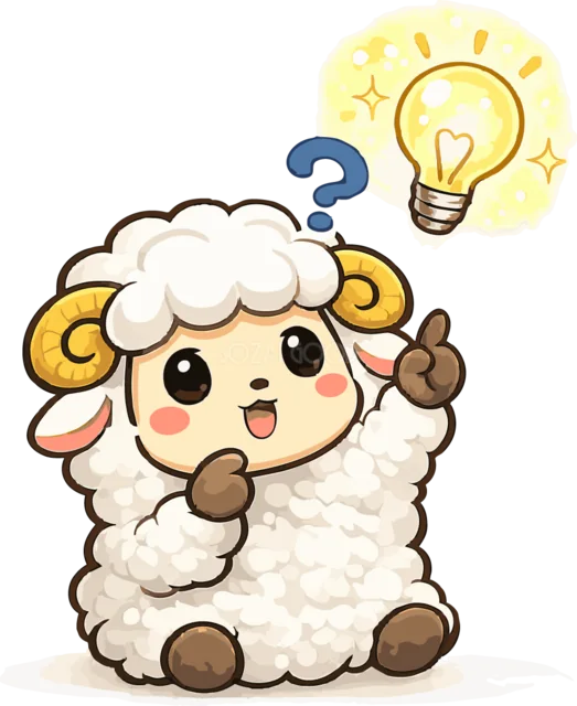 電球をひらめかせて指をさす笑顔の羊（背景透過PNG）