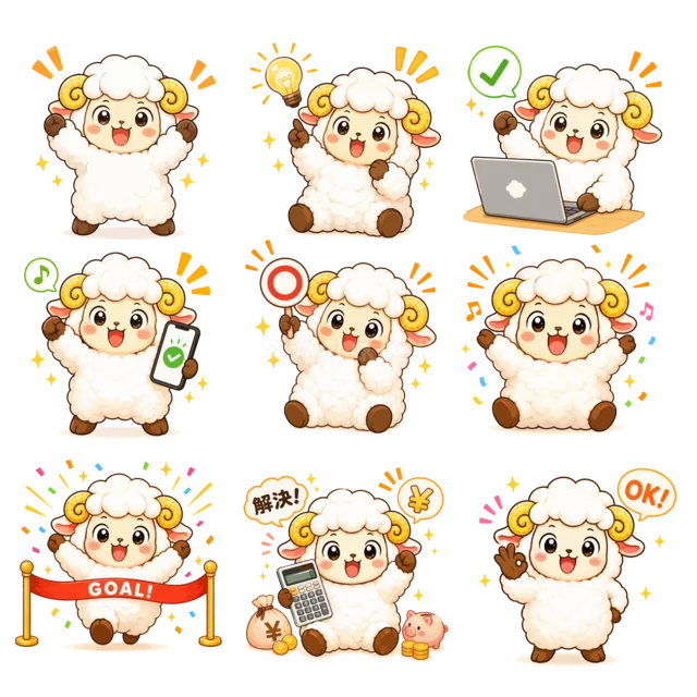 成功や喜びを表すかわいい羊のポーズ9種類セット（背景透過PNG）