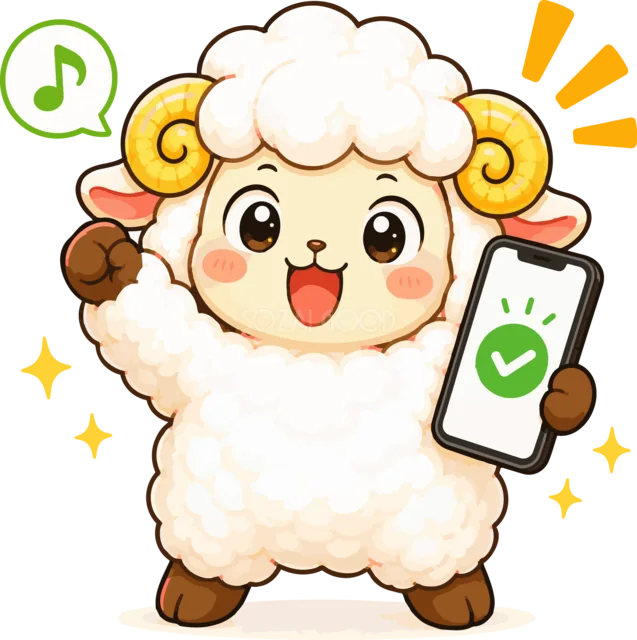 チェック画面のスマートフォンを掲げる羊（背景透過PNG）