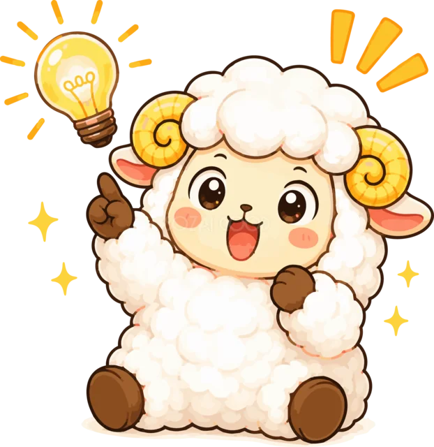 電球をひらめかせて指をさす笑顔の羊（背景透過PNG）