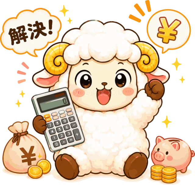 電卓とお金を持って問題解決を喜ぶ羊（背景透過PNG）