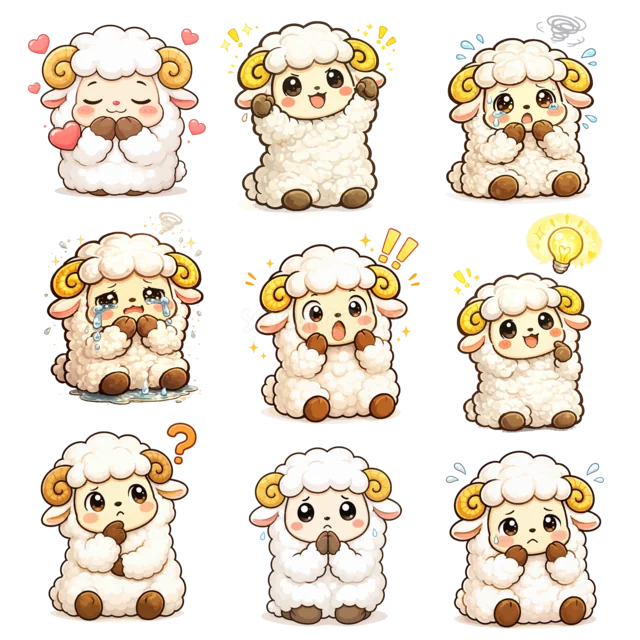 悩み・驚き・悲しみを表すかわいい羊の表情9種類セット（背景透過PNG）