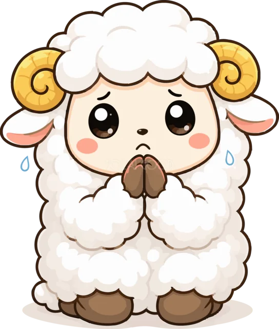 汗をかき両手を合わせて不安そうにお願いする羊（背景透過PNG）