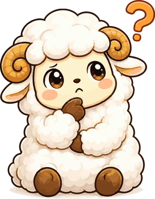 疑問符を浮かべて考え込むかわいい羊（背景透過PNG）