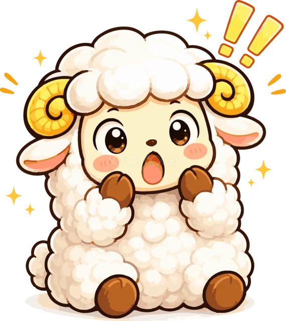 びっくりマークと一緒に驚くかわいい羊（背景透過PNG）