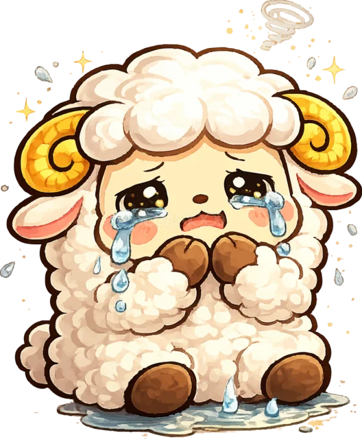 大粒の涙を流して泣くかわいい羊（背景透過PNG）