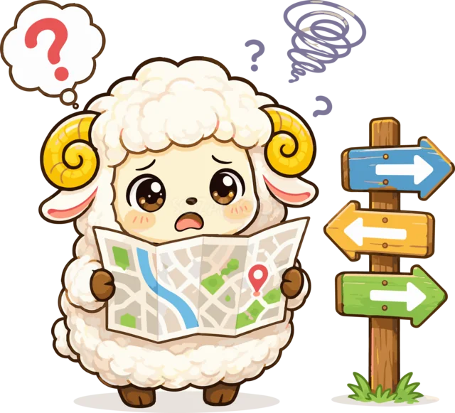 地図と案内標識を見て道に迷うかわいい羊（背景透過PNG）