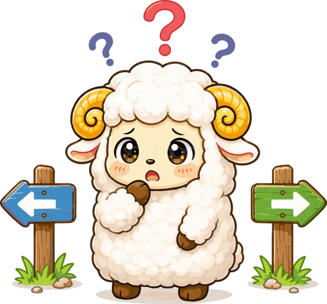 左右の案内標識の前で進路に迷う羊（背景透過PNG）