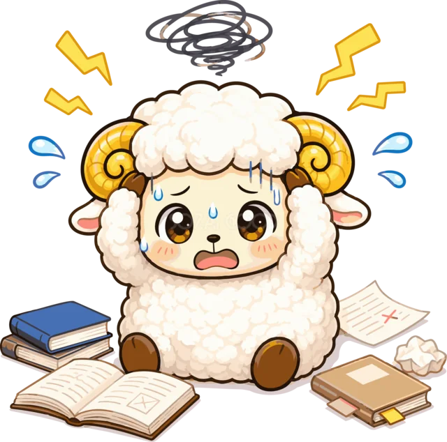 本と書類に囲まれて勉強に困る羊（背景透過PNG）