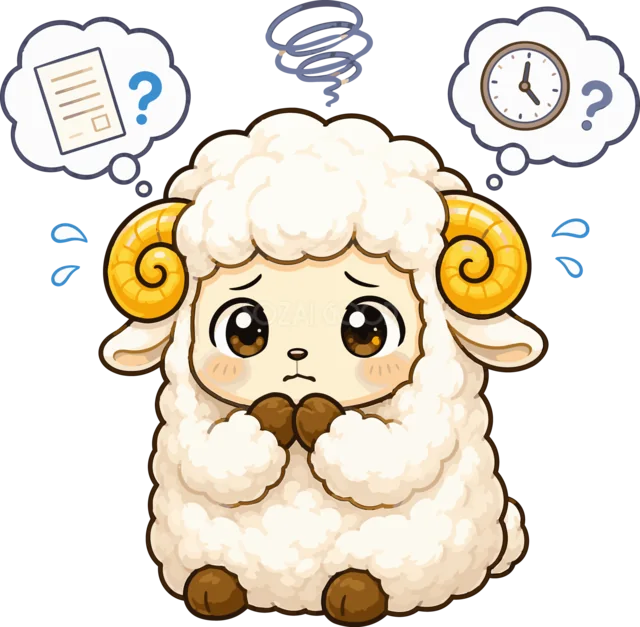 書類と時計を思い浮かべて悩むかわいい羊（背景透過PNG）
