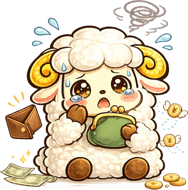 空の財布を持ってお金に困り泣く羊（背景透過PNG）