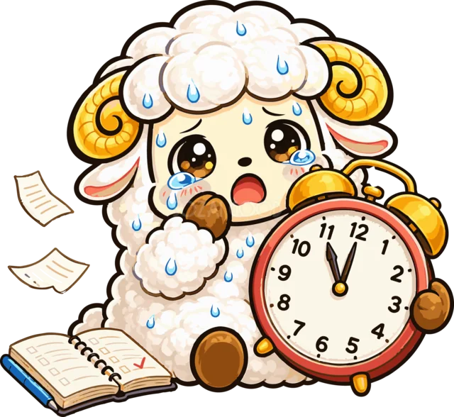 大きな目覚まし時計を抱えて締切に焦る羊（背景透過PNG）