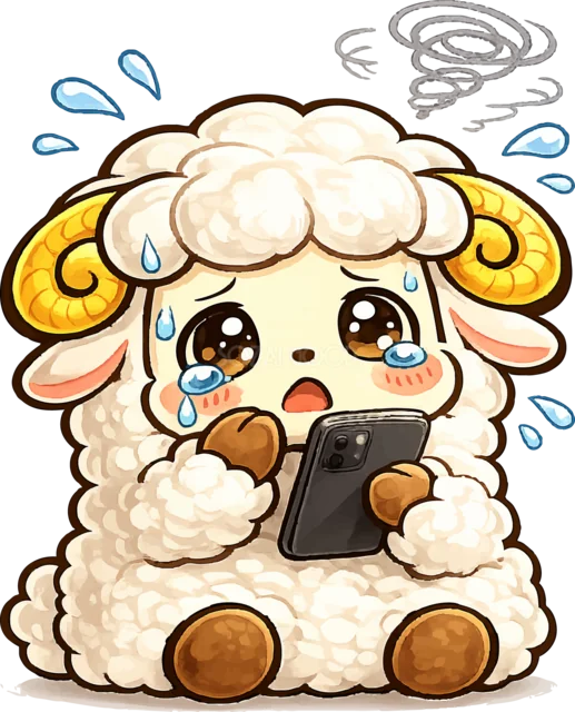スマートフォンを見ながら困って泣く羊（背景透過PNG）