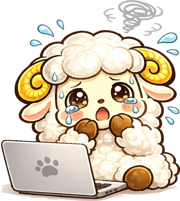 ノートパソコンの前で困り果てる羊（背景透過PNG）