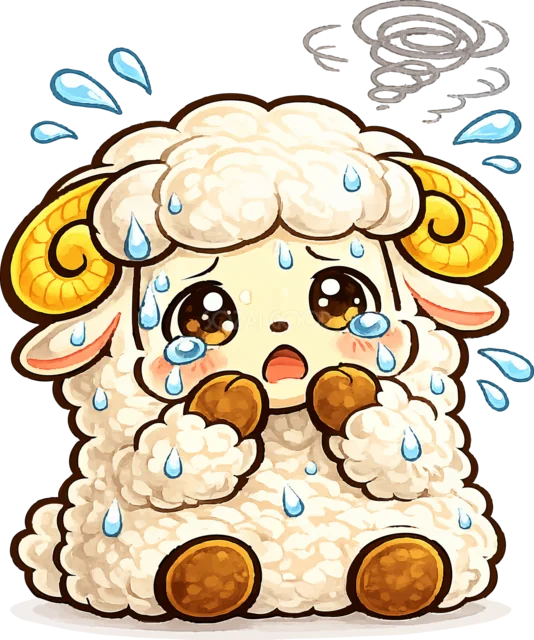 汗と涙を流してパニックになるかわいい羊（背景透過PNG）